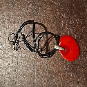 Beautiful Chicos Brick Red Enameled pendant Necklace Leather Cords 16"-20"